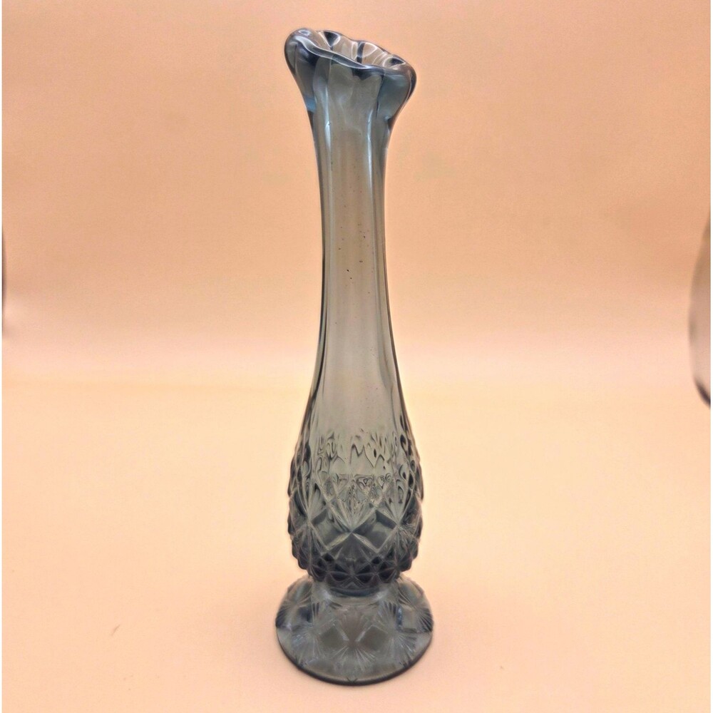 VTG Fenton Smoke Gray Diamond Cut Swung Bud Vase 7 Inch